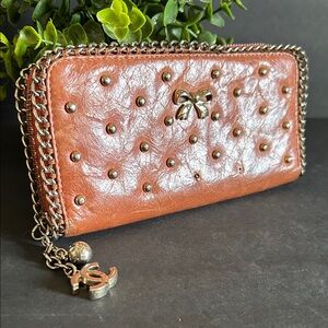 Studded Brown Leather Wallet with Chain Accent
